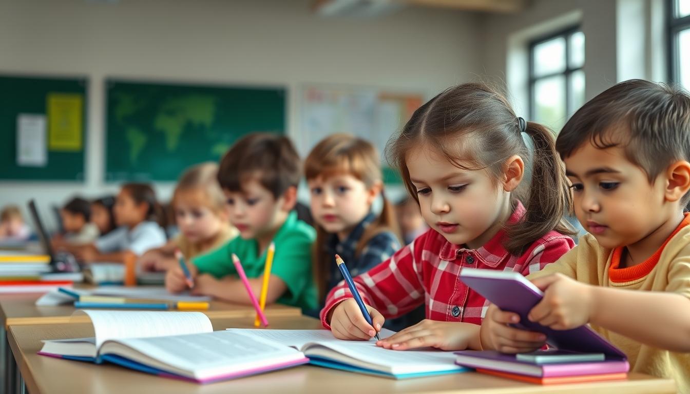 Students studying together in modern classroom